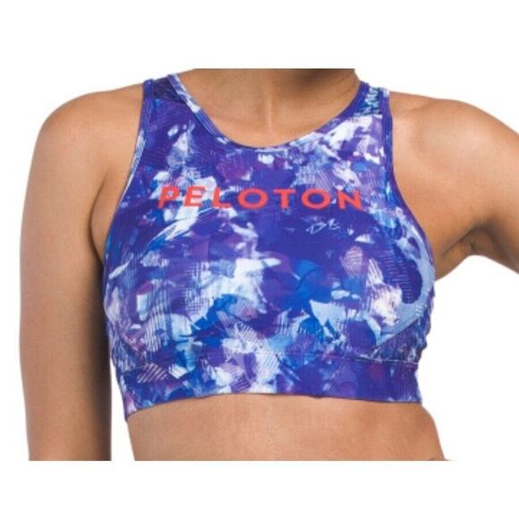 Peloton Womens High Neck Sports Bra Top Blue Purple Print Keyhole Back Size‎ S - Picture 1 of 13